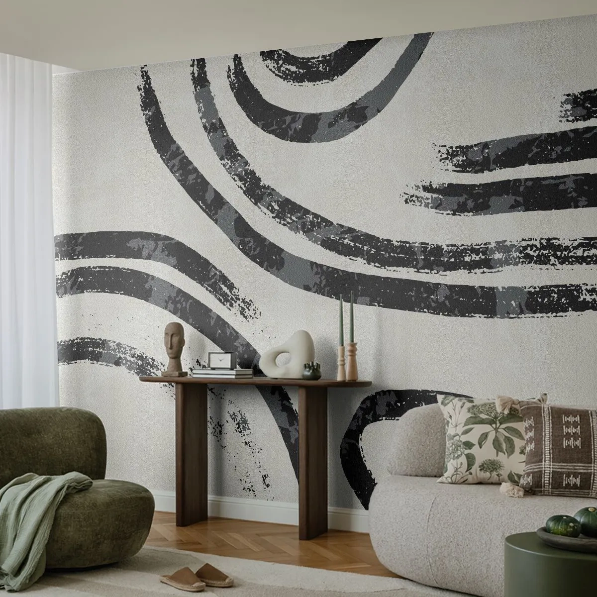 Fotomural Premium Sand - Líneas gráficas negras sobre un fondo claro y texturizado - 100x70cm - A medias - Decoración de pared moderna para salón y dormitorio ARTTOR