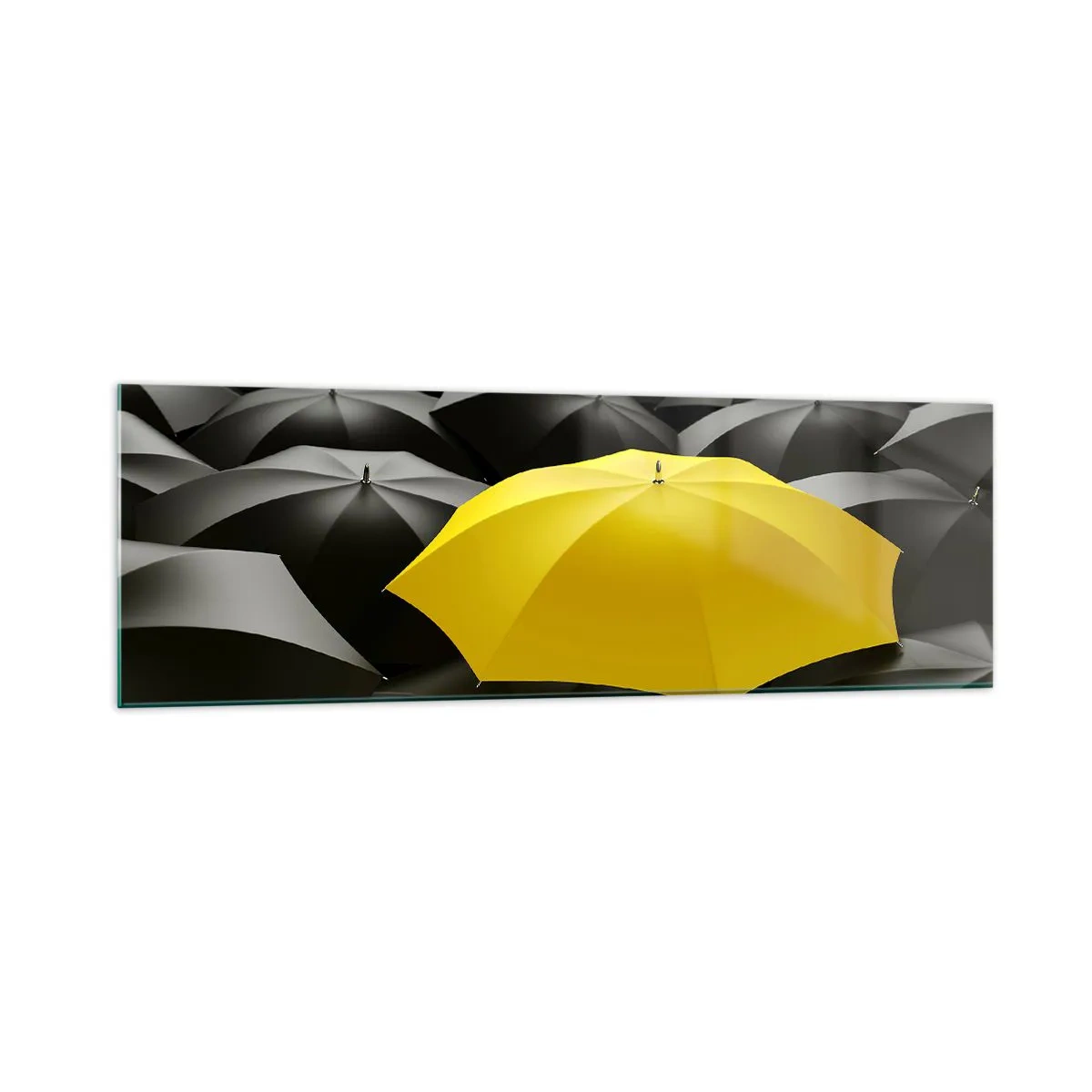 Cuadro sobre vidrio - Impresiones sobre Vidrio - Un paraguas amarillo entre paraguas negros. - 160x50cm - Adiós a la tristeza - Decoración de pared moderna para salón y dormitorio ARTTOR