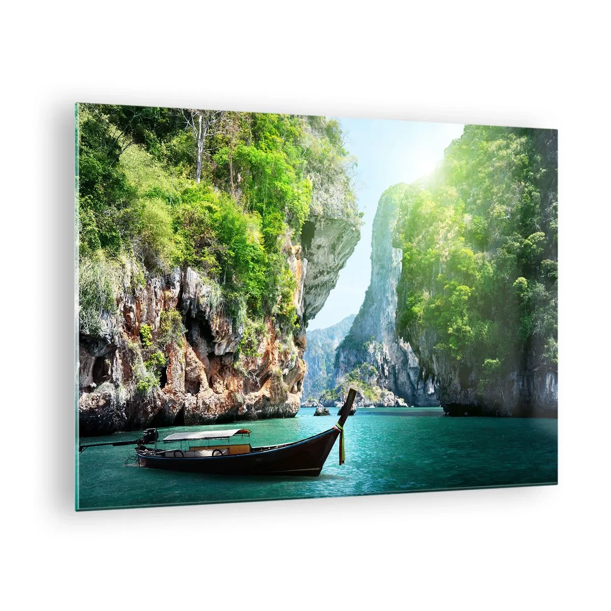 Cuadro sobre vidrio - Impresiones sobre Vidrio - Un barco tradicional en aguas turquesas entre acantilados. - 70x50cm - Una invitación a un viaje exótico - Decoración de pared moderna para salón y dormitorio ARTTOR