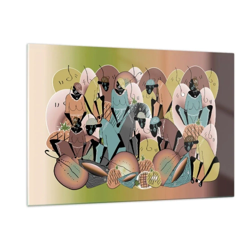 Cuadro sobre vidrio - Impresiones sobre Vidrio - Una ilustración abstracta de figuras en tonos beige, verde y rosa. - 120x80cm - Se avecina una gran celebración - Decoración de pared moderna para salón y dormitorio ARTTOR