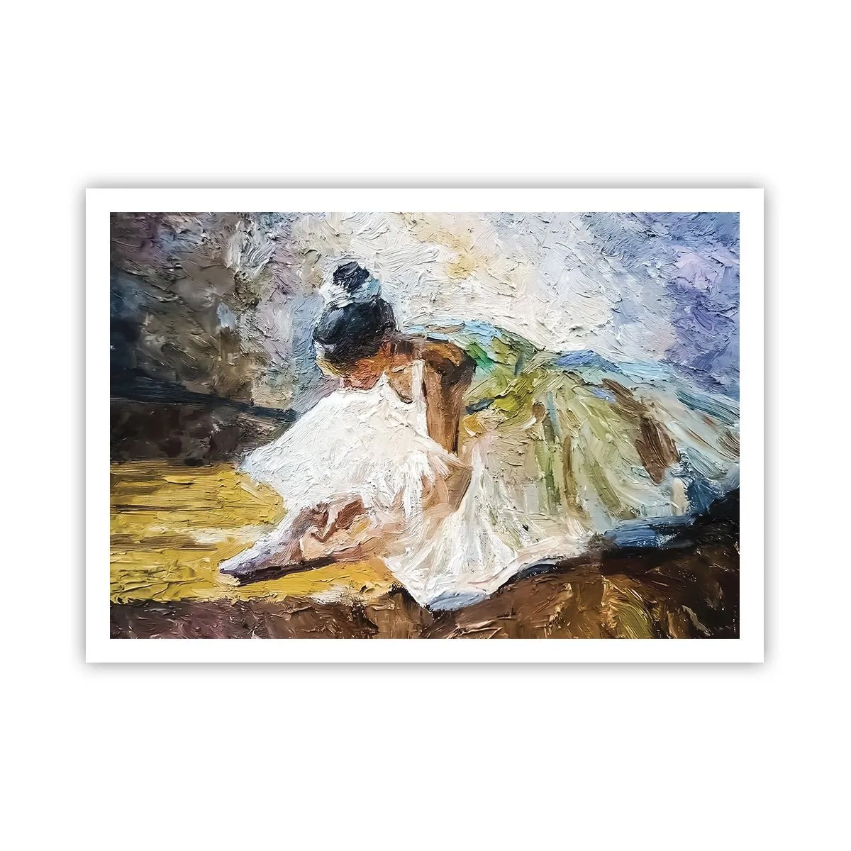 Póster - Una bailarina con un vestido blanco de estilo pictórico sobre un fondo impresionista. - 100x70cm - De un cuadro de Degas - Decoración de pared moderna para salón y dormitorio ARTTOR