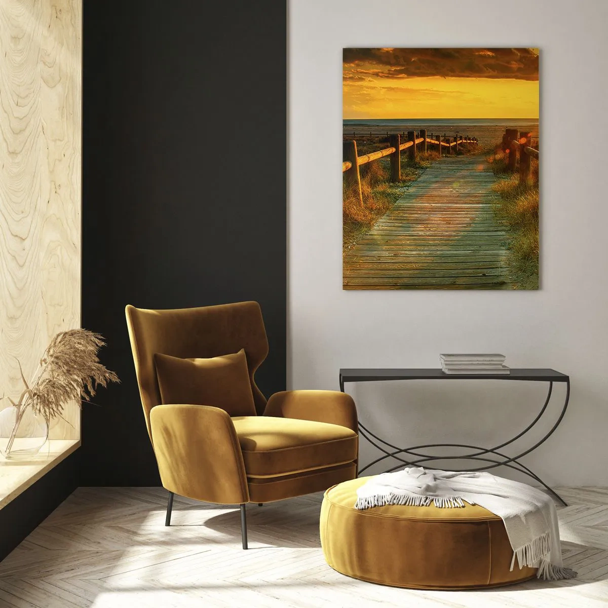 Cuadro sobre vidrio - Impresiones sobre Vidrio - Un camino de madera que conduce hacia la puesta del sol. - 50x70cm - Bañado en oro viejo - Decoración de pared moderna para salón y dormitorio ARTTOR