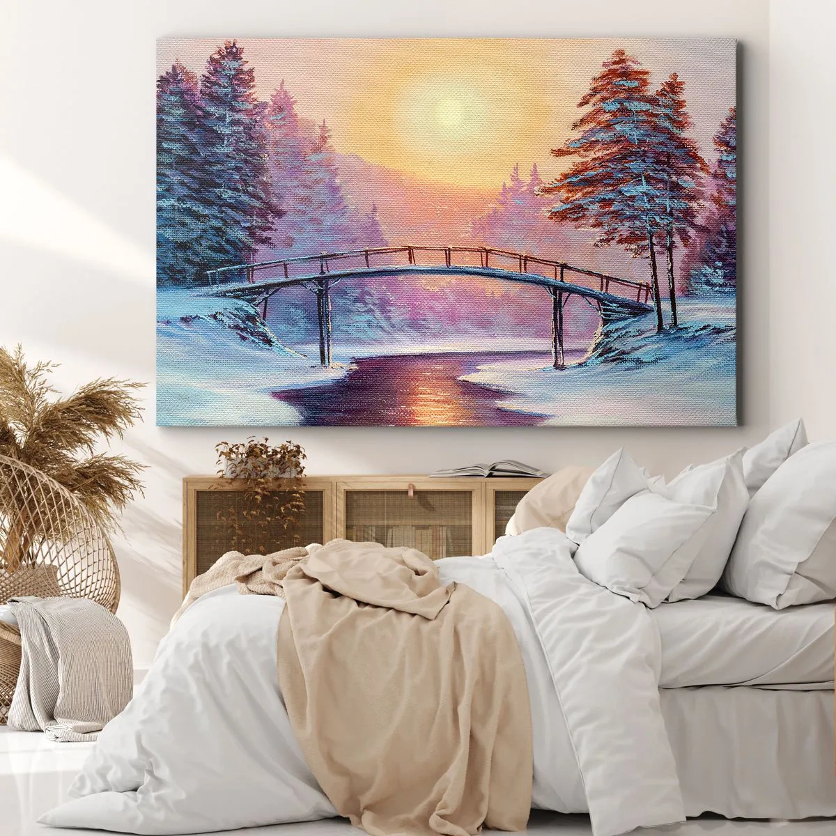 Cuadro sobre lienzo - Impresión de Imagen - Paisaje invernal con un puente iluminado por el atardecer. - 70x50cm - Las cuatro estaciones: el invierno - Decoración de pared moderna para salón y dormitorio ARTTOR