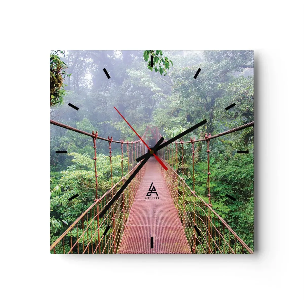 Reloj de pared - Reloj de vidrio - Un puente colgante en una selva tropical rodeado de niebla. - 30x30cm - Suspendido sobre las copas - Decoración de pared moderna para salón y dormitorio ARTTOR