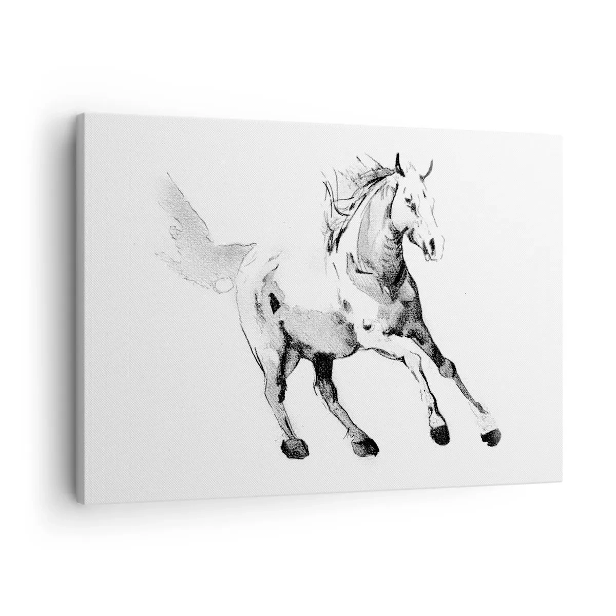 Cuadro sobre lienzo - Impresión de Imagen - Boceto de un caballo al galope en tonos de blanco y negro. - 70x50cm - Alma indómita - Decoración de pared moderna para salón y dormitorio ARTTOR