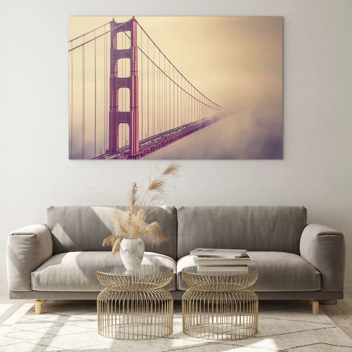 Cuadro sobre vidrio - Impresiones sobre Vidrio - El puente Golden Gate de San Francisco en un paisaje brumoso - 70x50cm - Entre el cielo y la tierra - Decoración de pared moderna para salón y dormitorio ARTTOR
