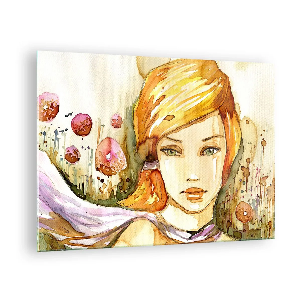 Cuadro sobre vidrio - Impresiones sobre Vidrio - Retrato de una mujer en estilo acuarela con abstracción. - 70x50cm - Una mirada que calma el alma - Decoración de pared moderna para salón y dormitorio ARTTOR