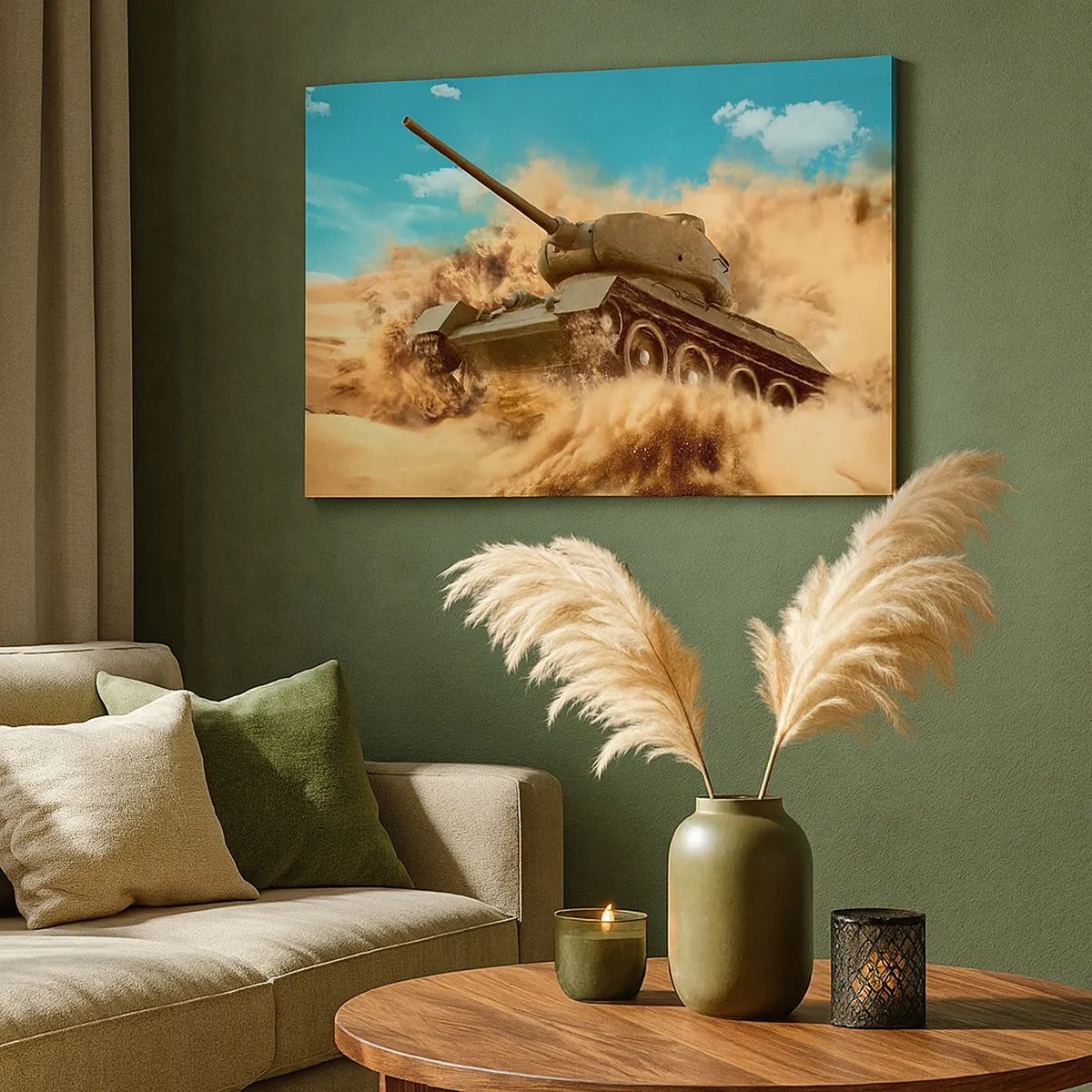Cuadro sobre lienzo - Impresión de Imagen - Un tanque en acción en el desierto, rodeado de polvo de arena. - 70x50cm - Inmejorable - Decoración de pared moderna para salón y dormitorio ARTTOR