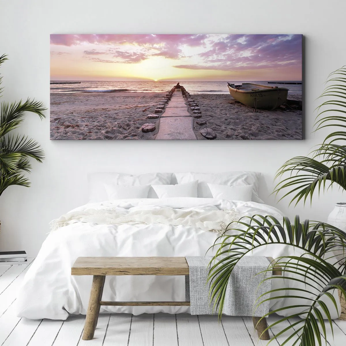 Cuadro sobre lienzo - Impresión de Imagen - Playa al amanecer con barco y muelle - 120x50cm - Un momento de profunda experiencia - Decoración de pared moderna para salón y dormitorio ARTTOR