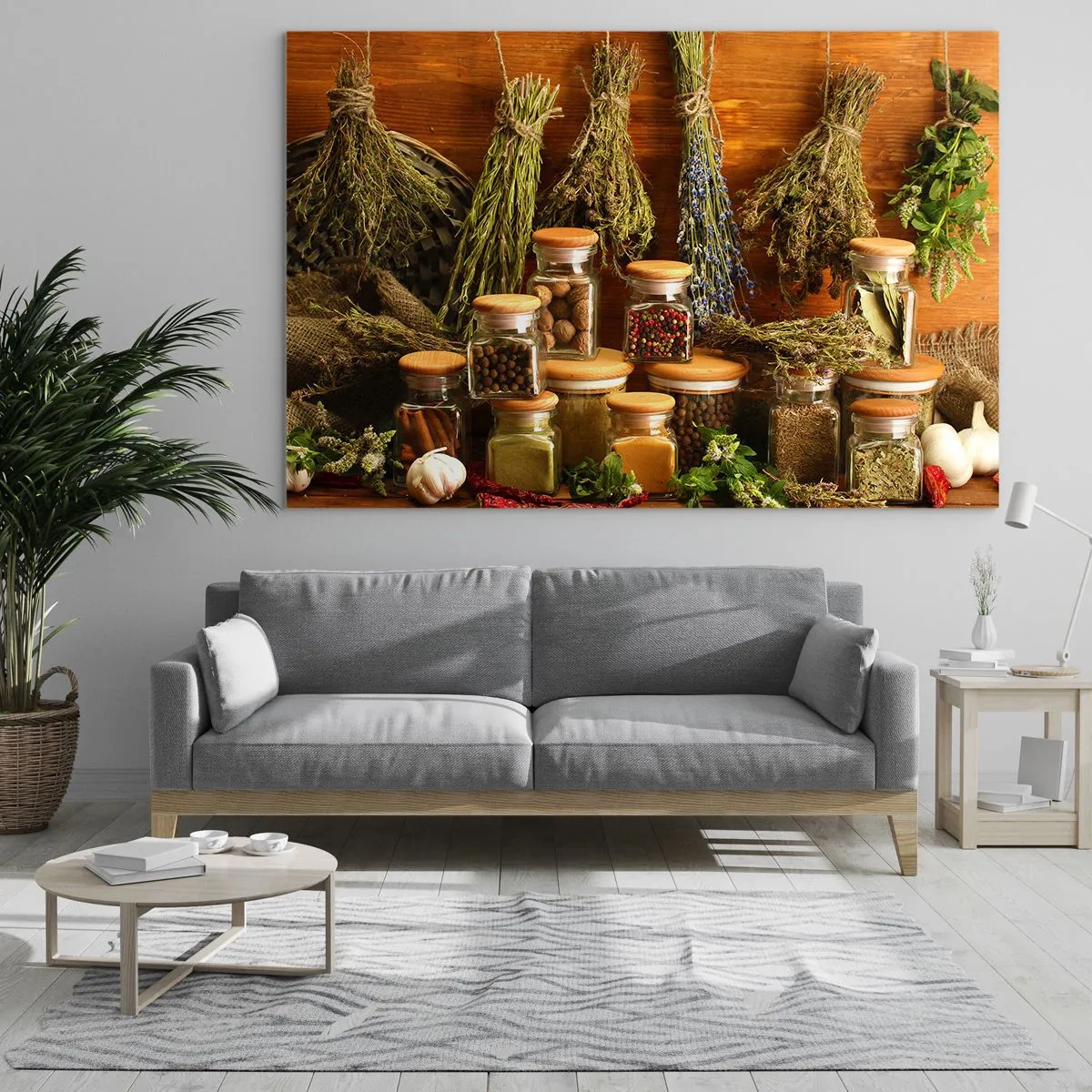 Cuadro sobre vidrio - Impresiones sobre Vidrio - Hierbas y especias en frascos sobre un fondo de madera. - 70x50cm - La magia de la cocina - Decoración de pared moderna para salón y dormitorio ARTTOR