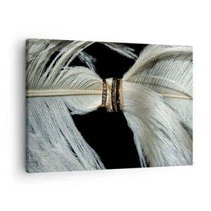 Cuadro sobre lienzo - Impresión de Imagen - Una pluma blanca con dos anillos dorados sobre un fondo negro. - 70x50cm - ...y no te dejaré.... - Decoración de pared moderna para salón y dormitorio ARTTOR