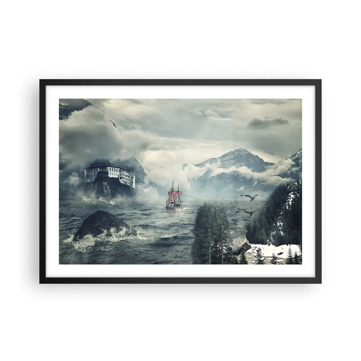 Póster en marco negro - Un paisaje misterioso con un castillo, montañas y un barco. - 70x50cm - En aguas mágicas - Decoración de pared moderna para salón y dormitorio ARTTOR