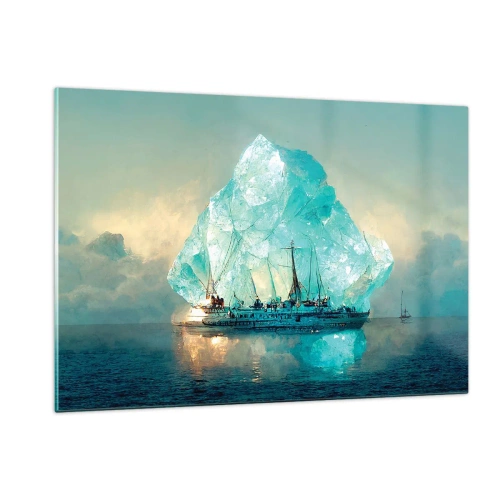 Cuadro sobre vidrio - Impresiones sobre Vidrio - Un velero frente a un enorme glaciar en la luz del Ártico. - 120x80cm - Diamante ártico - Decoración de pared moderna para salón y dormitorio ARTTOR