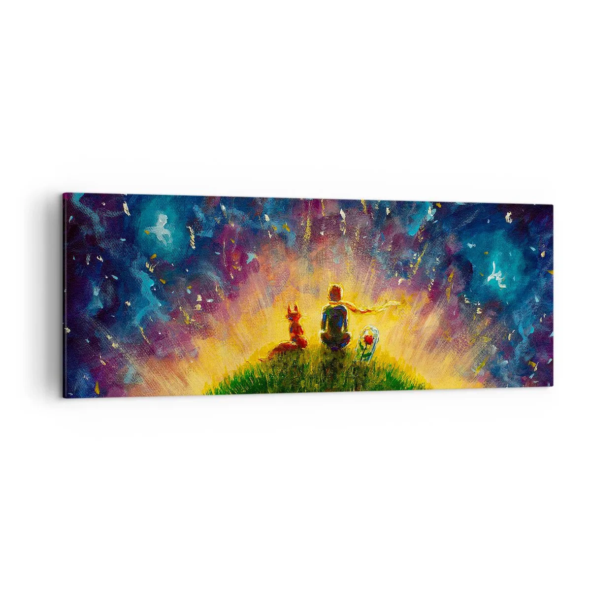 Cuadro sobre lienzo - Impresión de Imagen - Figuras en una colina verde rodeada de un cielo estrellado. - 140x50cm - Amor y amistad - lo único entero - Decoración de pared moderna para salón y dormitorio ARTTOR