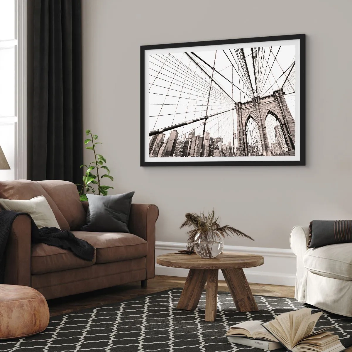 Póster en marco negro - El puente de Brooklyn en monocromo - 70x50cm - Catedral de Nueva York - Decoración de pared moderna para salón y dormitorio ARTTOR