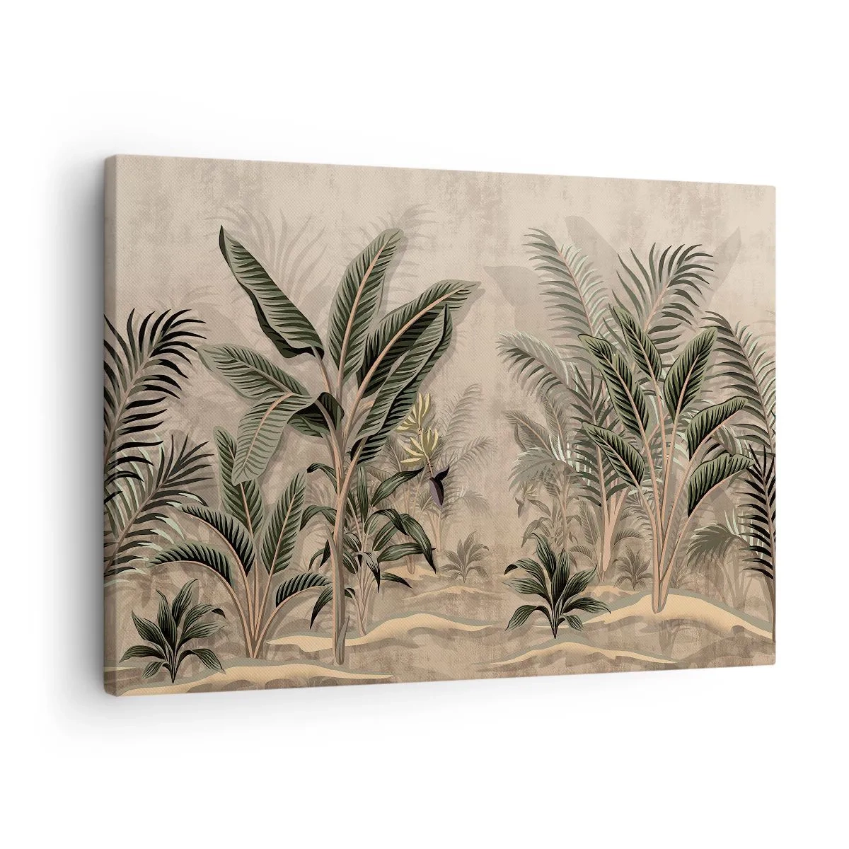 Cuadro sobre lienzo - Impresión de Imagen - Palmeras y vegetación tropical en tonos verdes sobre fondo beige. - 70x50cm - Grabados de estilo colonial - Decoración de pared moderna para salón y dormitorio ARTTOR