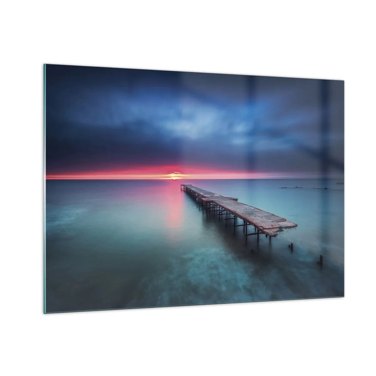 Cuadro sobre vidrio - Impresiones sobre Vidrio - Muelle que conduce hacia la puesta del sol - 100x70cm - Entre el cielo y el agua - Decoración de pared moderna para salón y dormitorio ARTTOR