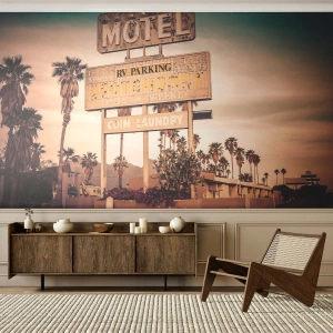 Fotomural Premium Sand - Antiguo motel con letrero de neón vintage - 100x70cm - El tiempo se detuvo - Decoración de pared moderna para salón y dormitorio ARTTOR