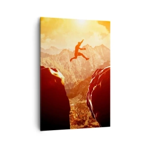 Cuadro sobre lienzo - Impresión de Imagen - Una figura saltando entre rocas con montañas al fondo. - 70x100cm - Pasando el límite - Decoración de pared moderna para salón y dormitorio ARTTOR