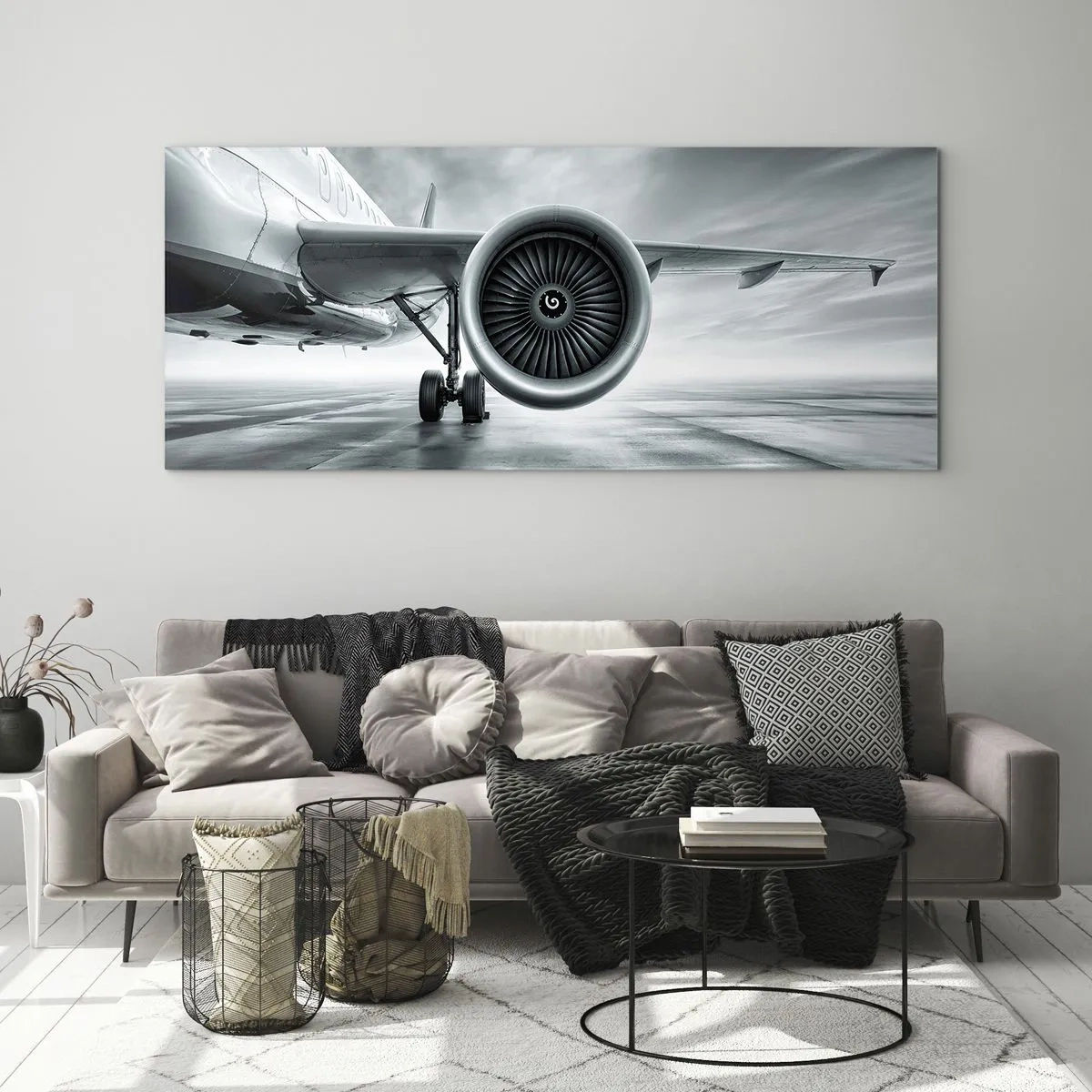 Cuadro sobre vidrio - Impresiones sobre Vidrio - El motor a reacción de un avión en la pista - 160x50cm - Hay poder - Decoración de pared moderna para salón y dormitorio ARTTOR