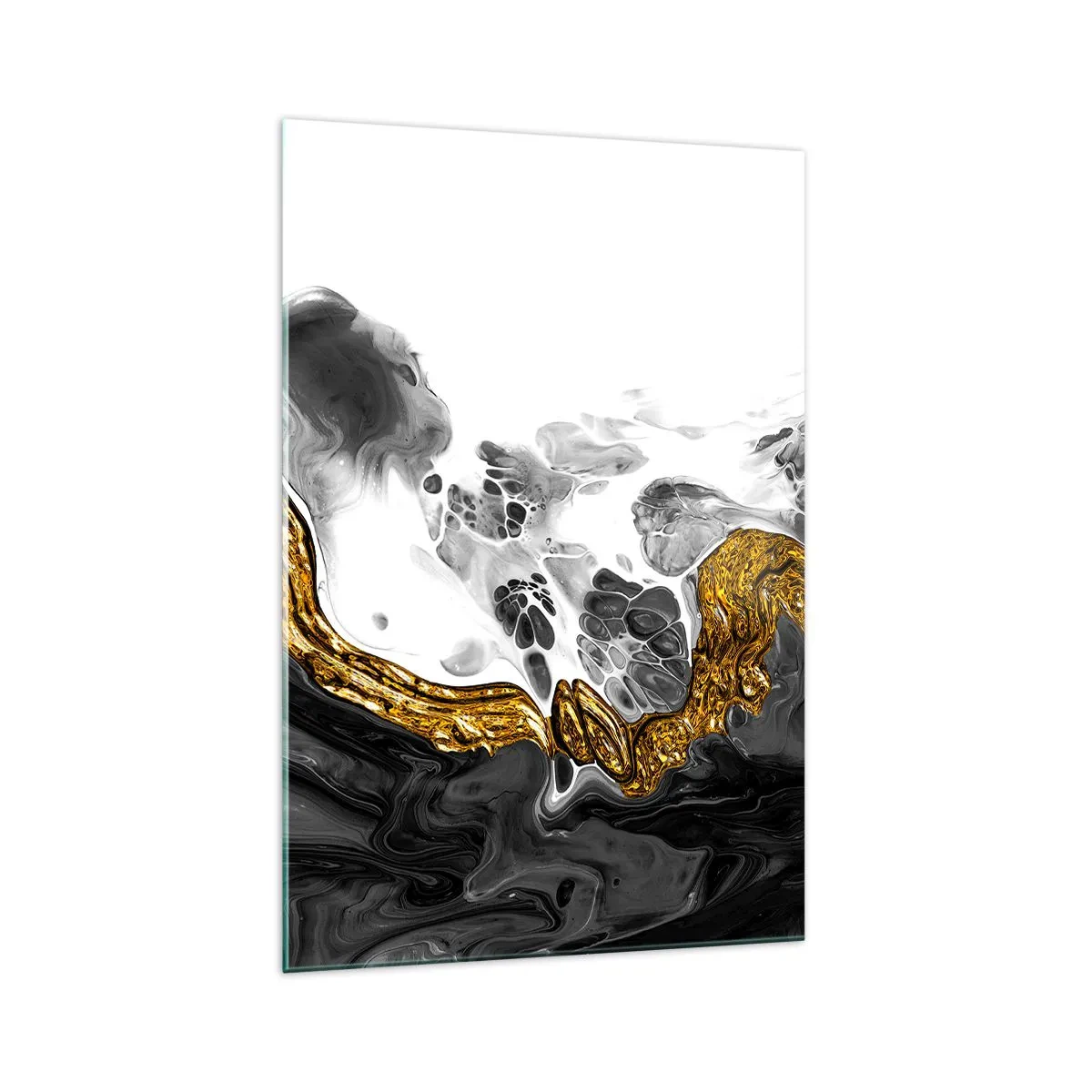 Cuadro sobre vidrio - Impresiones sobre Vidrio - Una composición abstracta con acentos dorados y negros. - 70x100cm - Composición orgánica - Decoración de pared moderna para salón y dormitorio ARTTOR