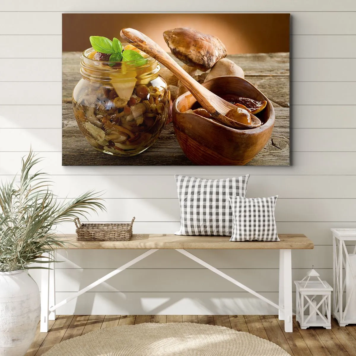 Cuadro sobre lienzo - Impresión de Imagen - Setas naturales en un tarro sobre una mesa rústica - 100x70cm - Ya sea fresco, o salado, o de temporada de otoño.... - Decoración de pared moderna para salón y dormitorio ARTTOR