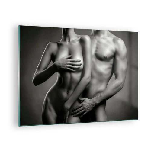 Cuadro sobre vidrio - Impresiones sobre Vidrio - Composición en blanco y negro con siluetas desnudas de una pareja. - 70x50cm - Adán y Eva - Decoración de pared moderna para salón y dormitorio ARTTOR