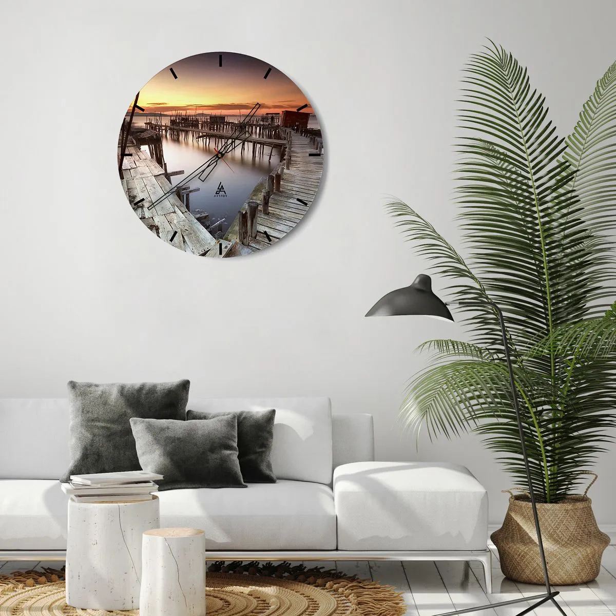 Reloj de pared - Reloj de vidrio - Muelle pintoresco al atardecer - 30x30cm - Auténtico, sublime - Decoración de pared moderna para salón, cocina y dormitorio ARTTOR