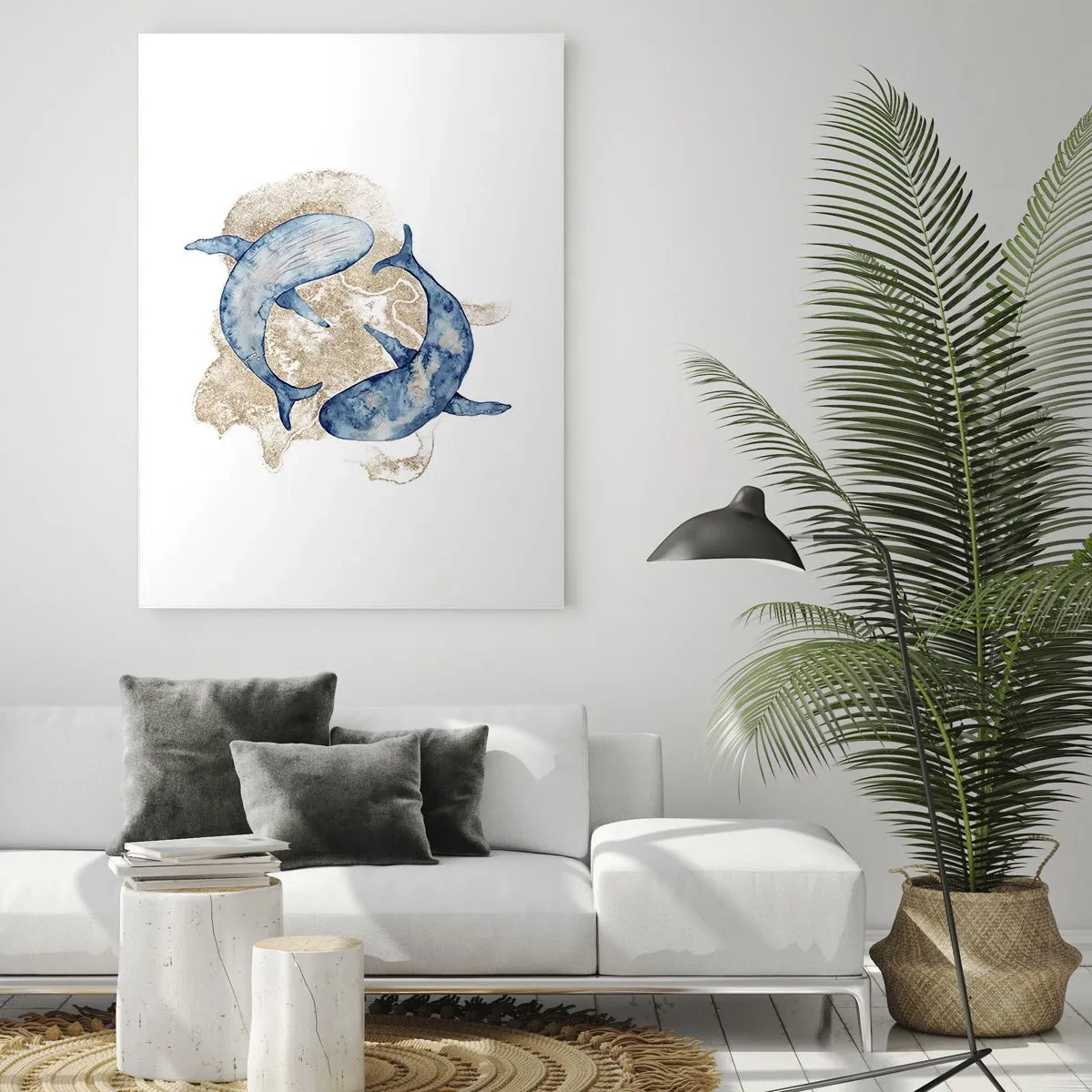 Cuadro sobre vidrio - Impresiones sobre Vidrio - Dos ballenas azules sobre un fondo de manchas doradas abstractas - 50x70cm - ¿Amistad o amor? - Decoración de pared moderna para salón y dormitorio ARTTOR