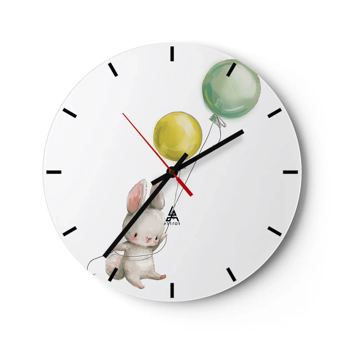 Reloj de pared - Reloj de vidrio - Un conejito sosteniendo un globo verde y amarillo flotando en el aire. - 30x30cm - ¡Yo también volaré! - Decoración de pared moderna para salón, cocina y dormitorio ARTTOR