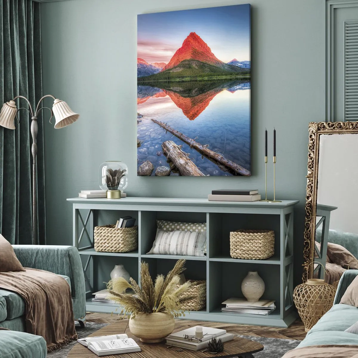 Cuadro sobre lienzo - Impresión de Imagen - Una montaña reflejada en un lago al atardecer. - 70x100cm - Cálido y frío - Decoración de pared moderna para salón y dormitorio ARTTOR