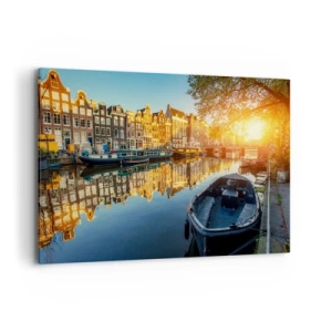 Cuadro sobre lienzo - Impresión de Imagen - Canal de Ámsterdam al atardecer - 120x80cm - Mañana en Ámsterdam - Decoración de pared moderna para salón y dormitorio ARTTOR