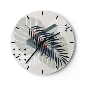 Reloj de pared - Reloj de vidrio - Composición geométrica con hojas tropicales. - 30x30cm - Naturaleza y geometría - Decoración de pared moderna para salón, cocina y dormitorio ARTTOR