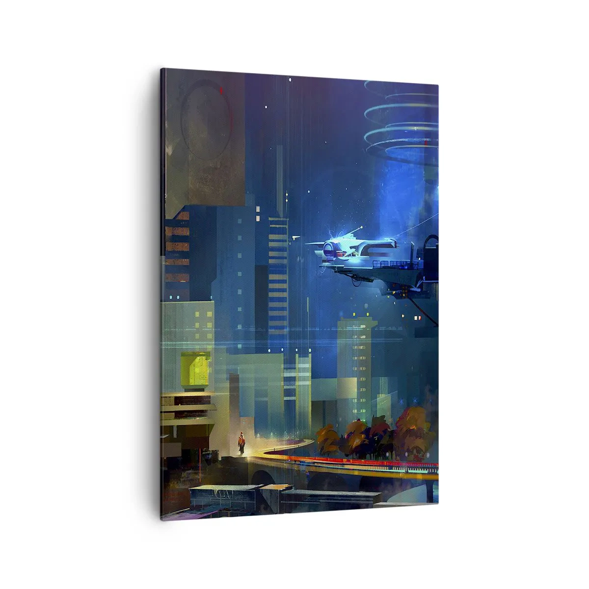 Cuadro sobre lienzo - Impresión de Imagen - Ciudad futurista de noche con luces de neón y un vehículo volador. - 70x100cm - En un futuro próximo - Decoración de pared moderna para salón y dormitorio ARTTOR