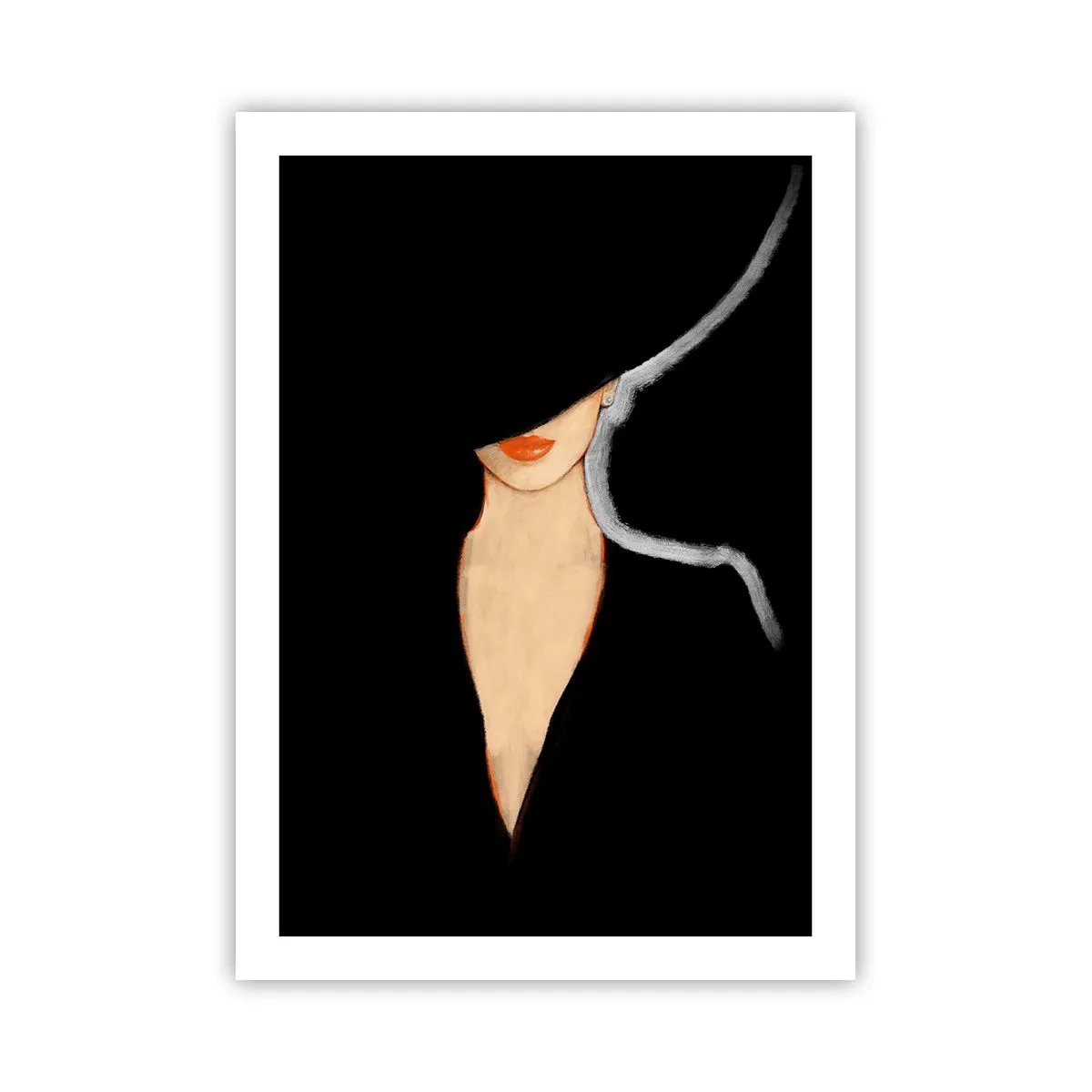 Póster - Una mujer con sombrero y labios rojos sobre un fondo negro. - 50x70cm - Elegancia y estilo - Decoración de pared moderna para salón y dormitorio ARTTOR