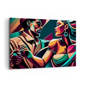 Cuadro sobre lienzo - Impresión de Imagen - Una pareja estilizada bailando en colores vibrantes y geométricos. - 120x80cm - Al ritmo del corazón - Decoración de pared moderna para salón y dormitorio ARTTOR