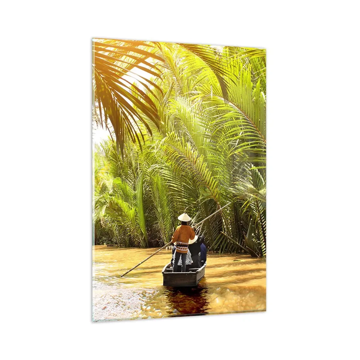 Cuadro sobre vidrio - Impresiones sobre Vidrio - Un barco en un río rodeado de vegetación tropical. - 80x120cm - En un túnel de palmeras - Decoración de pared moderna para salón y dormitorio ARTTOR