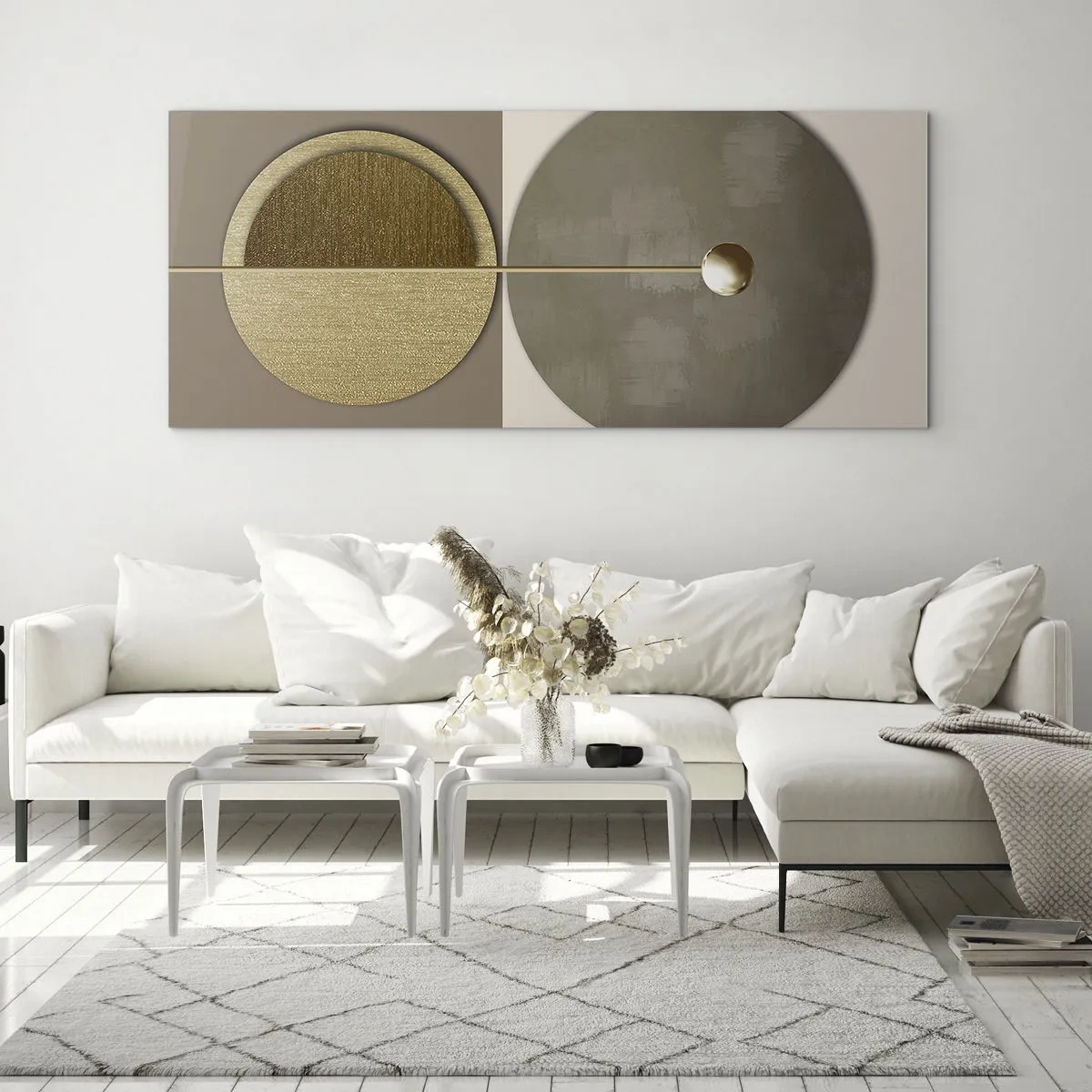 Cuadro sobre vidrio - Impresiones sobre Vidrio - Círculos abstractos en tonos dorados y beige. - 160x50cm - Equilibrio perfecto - Decoración de pared moderna para salón y dormitorio ARTTOR