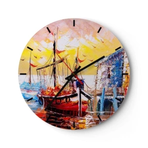 Reloj de pared - Reloj de vidrio - Veleros en el muelle a la luz del sol poniente - 30x30cm - Feliz regreso - Decoración de pared moderna para salón, cocina y dormitorio ARTTOR