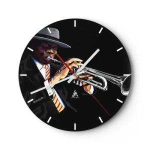 Reloj de pared - Reloj de vidrio - Una esfera de reloj con un motivo de trompetista de jazz sobre un fondo negro. - 30x30cm - El encanto de la vieja escuela - Decoración de pared moderna para salón, cocina y dormitorio ARTTOR