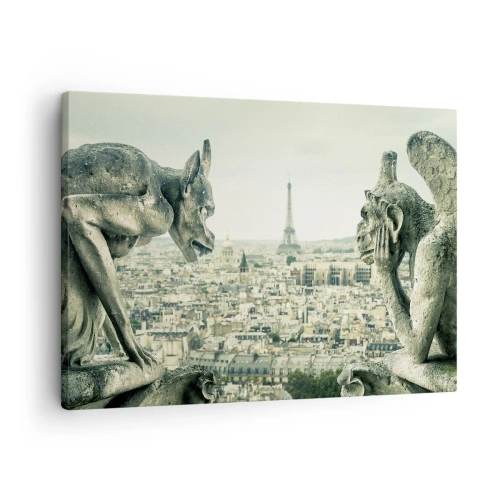 Cuadro sobre lienzo - Impresión de Imagen - Gárgolas con vistas al horizonte de París y a la Torre Eiffel - 70x50cm - Charlas parisinas - Decoración de pared moderna para salón y dormitorio ARTTOR