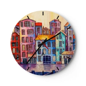 Reloj de pared - Reloj de vidrio - Casas de vecindad coloridas reflejadas en el agua al estilo impresionista - 30x30cm - Una ciudad como un cuento de hadas - Decoración de pared moderna para salón, cocina y dormitorio ARTTOR