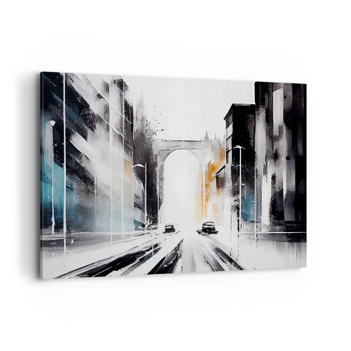 Cuadro sobre lienzo - Impresión de Imagen - Panorama abstracto de la ciudad con un puente arqueado - 100x70cm - Estudio de la ciudad: arquitectura y movimiento - Decoración de pared moderna para salón y dormitorio ARTTOR