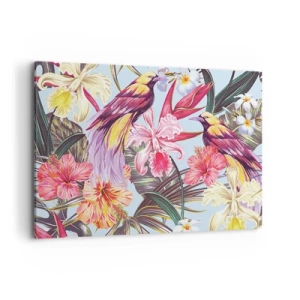 Cuadro sobre lienzo - Impresión de Imagen - Aves exóticas entre flores tropicales - 100x70cm - Pétalos y plumas - Decoración de pared moderna para salón y dormitorio ARTTOR