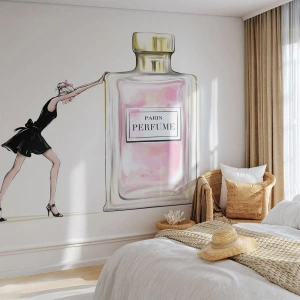 Fotomural Premium Sand - Ilustración de una mujer con un vestido negro y un frasco de perfume. - 100x70cm - La esencia de la feminidad - Decoración de pared moderna para salón y dormitorio ARTTOR