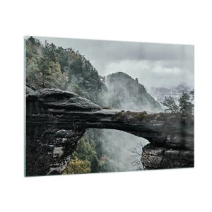 Cuadro sobre vidrio - Impresiones sobre Vidrio - Un puente de piedra entre montañas brumosas y un paisaje forestal. - 100x70cm - La aventura está a punto de comenzar - Decoración de pared moderna para salón y dormitorio ARTTOR