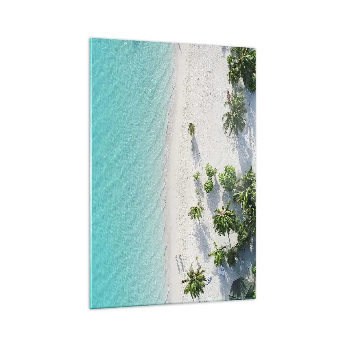 Cuadro sobre vidrio - Impresiones sobre Vidrio - Una vista de pájaro de una playa tropical con agua turquesa y palmeras. - 70x100cm - Vacaciones en el paraíso - Decoración de pared moderna para salón y dormitorio ARTTOR