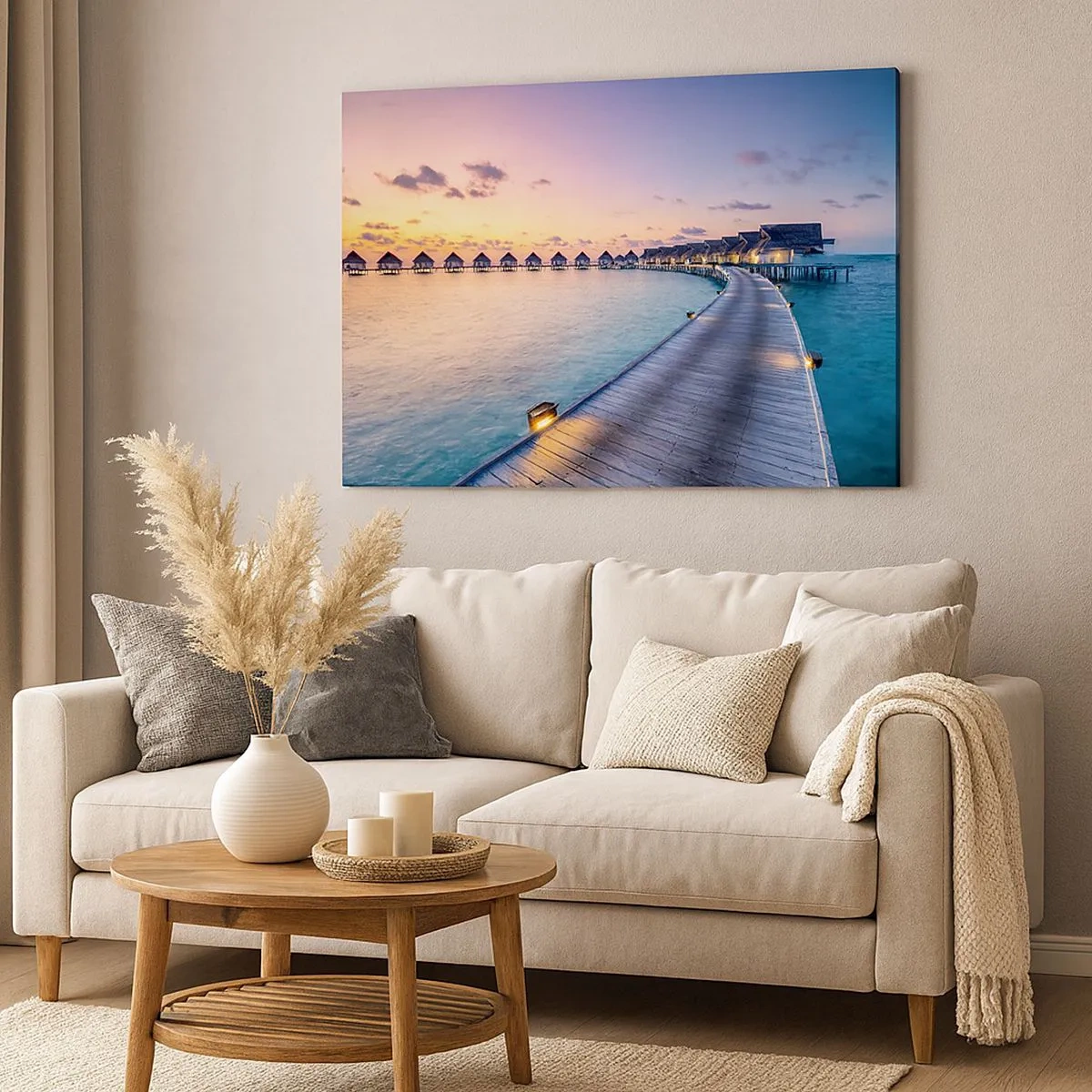 Cuadro sobre lienzo - Impresión de Imagen - El muelle que conduce a las cabañas frente al mar al atardecer. - 70x50cm - Vacaciones - volver al origen - Decoración de pared moderna para salón y dormitorio ARTTOR