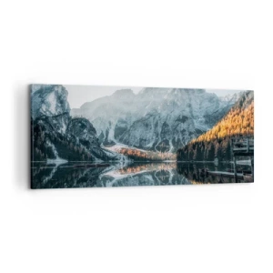 Cuadro sobre lienzo - Impresión de Imagen - Un paisaje de montaña reflejado en la tranquila superficie de un lago. - 120x50cm - Paisaje en el espejo - Decoración de pared moderna para salón y dormitorio ARTTOR