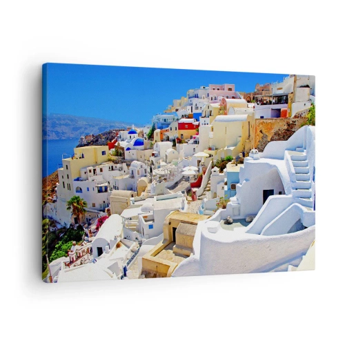 Cuadro sobre lienzo - Impresión de Imagen - Panorama de Santorini con casas blancas y cielo azul - 70x50cm - Sueño de un verano griego - Decoración de pared moderna para salón y dormitorio ARTTOR